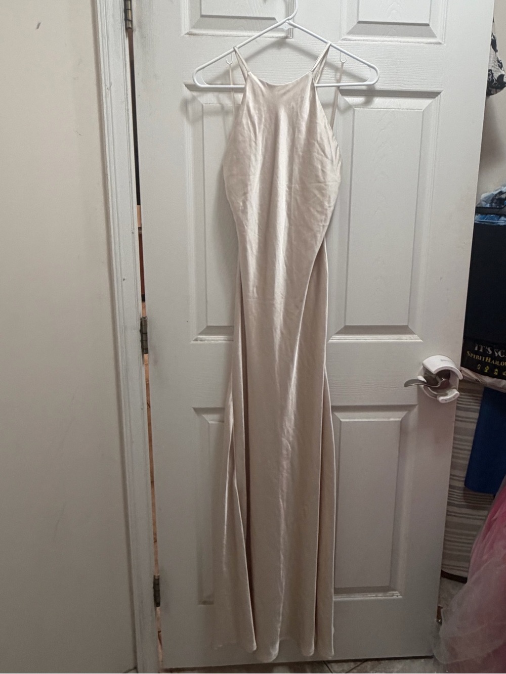 DO+BE Champagne Satin Halter Maxi Dress